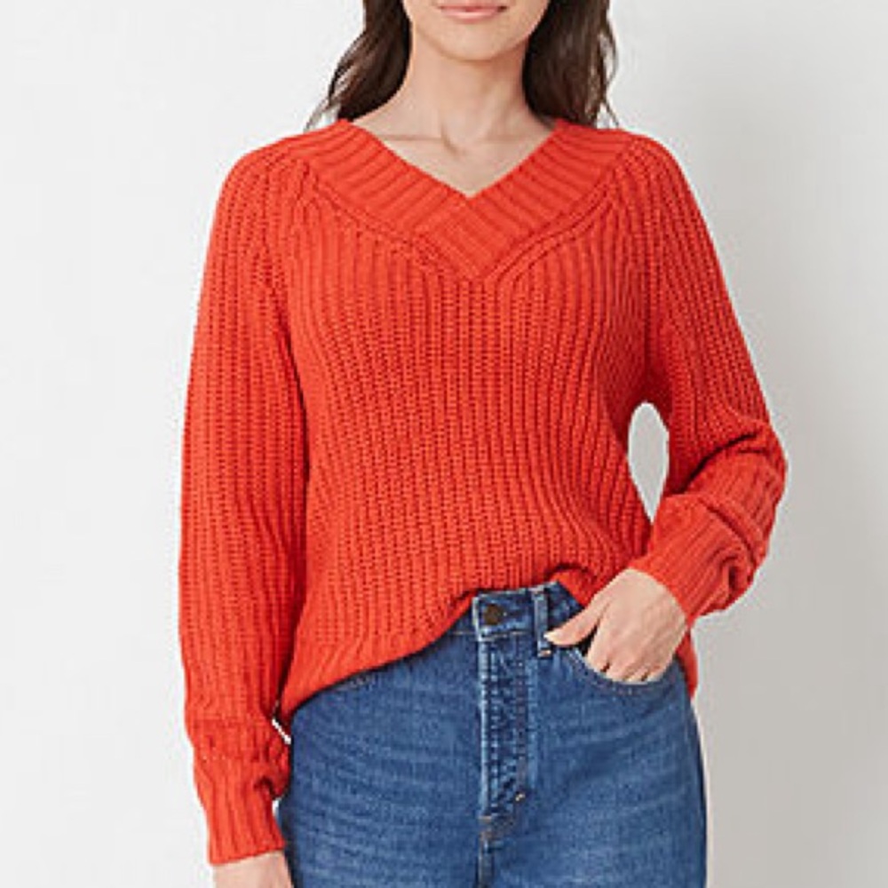 A.N.A Womens V-Neck Long Sleeve Knit Pullover Sweater - Molten Lava (red) -Sz 0X